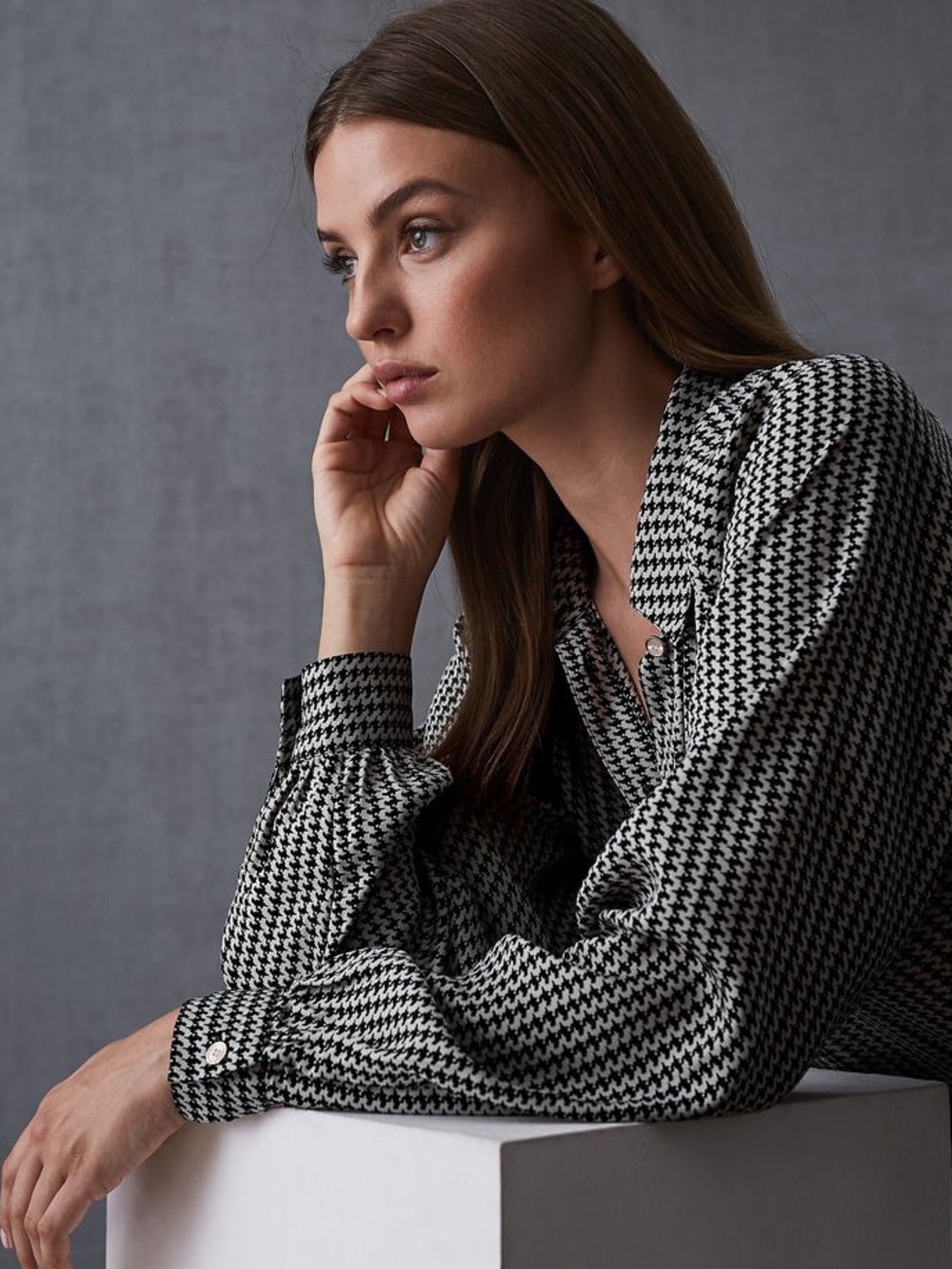 Reiss Viola Houndstooth Button-Front Women’s Blouse - Black & White